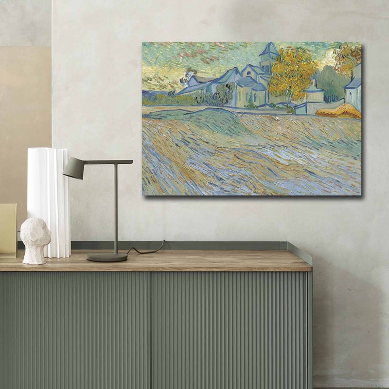 Lerret 70x100 cm - Landskapsmaleri med hus og trær i et harmonisk og fargerikt miljø - Blå / Gul / Grønn - Innredning - Bilder & kunst - Lerretsbilder