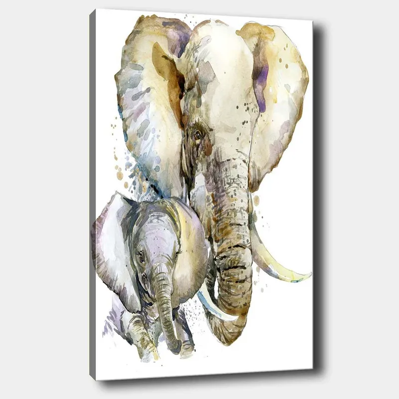 Lerret 70x100 cm - Maleriet avbilder en stor og en liten elefant i en myk og fargerik akvarellstil - Grå / Beige / Lilla - Innredning - Bilder & kunst - Lerretsbilder