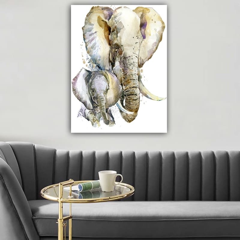 Lerret 70x100 cm - Maleriet avbilder en stor og en liten elefant i en myk og fargerik akvarellstil - Grå / Beige / Lilla - Innredning - Bilder & kunst - Lerretsbilder