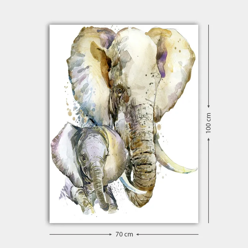 Lerret 70x100 cm - Maleriet avbilder en stor og en liten elefant i en myk og fargerik akvarellstil - Grå / Beige / Lilla - Innredning - Bilder & kunst - Lerretsbilder