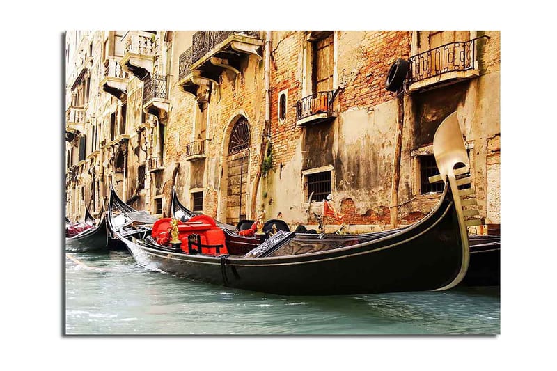 Lerret 70x100 cm - Romantisk scene med gondoler som glir langs en venetiansk kanal, Svart / Rød / Beige