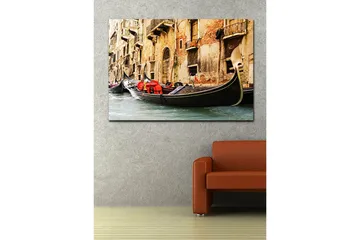 Lerret 70x100 cm - Romantisk scene med gondoler som glir langs en venetiansk kanal - Svart / Rød / Beige - Innredning - Bilder & kunst - Lerretsbilder