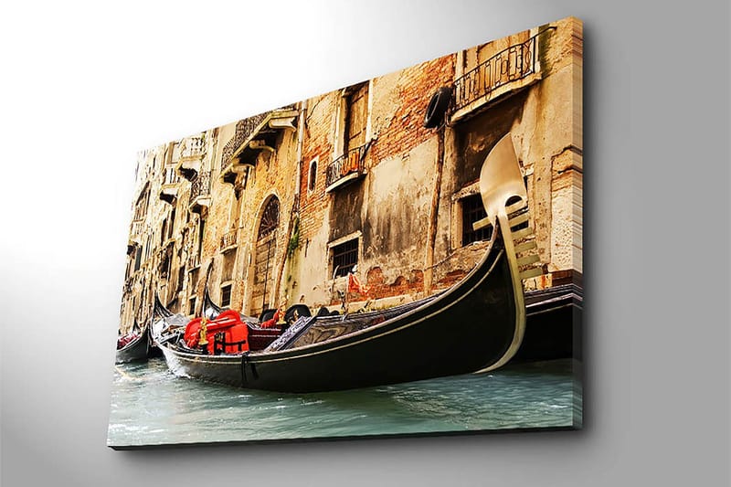 Lerret 70x100 cm - Romantisk scene med gondoler som glir langs en venetiansk kanal - Svart / Rød / Beige - Innredning - Bilder & kunst - Lerretsbilder