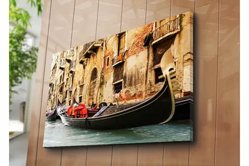 Lerret 70x100 cm - Romantisk scene med gondoler som glir langs en venetiansk kanal - Svart / Rød / Beige - Innredning - Bilder & kunst - Lerretsbilder