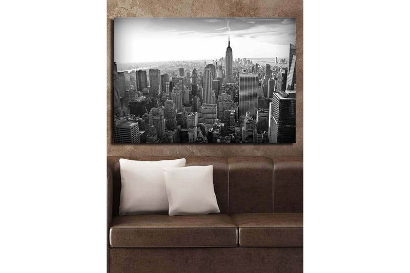Lerret 70x100 cm - Panoramautsikt over New Yorks skyline med Empire State Building i fokus - Svart / Hvit / Grå - Innredning - Bilder & kunst - Lerretsbilder