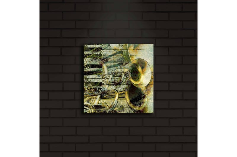 Lerret med LED-belysning 28x28 cm - Abstrakt komposisjon med musikkinstrumenter - Gull / Grønn / Svart - Innredning - Bilder & kunst - Lerretsbilder