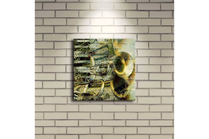 Lerret med LED-belysning 28x28 cm - Abstrakt komposisjon med musikkinstrumenter - Gull / Grønn / Svart - Innredning - Bilder & kunst - Lerretsbilder