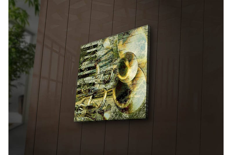 Lerret med LED-belysning 28x28 cm - Abstrakt komposisjon med musikkinstrumenter - Gull / Grønn / Svart - Innredning - Bilder & kunst - Lerretsbilder