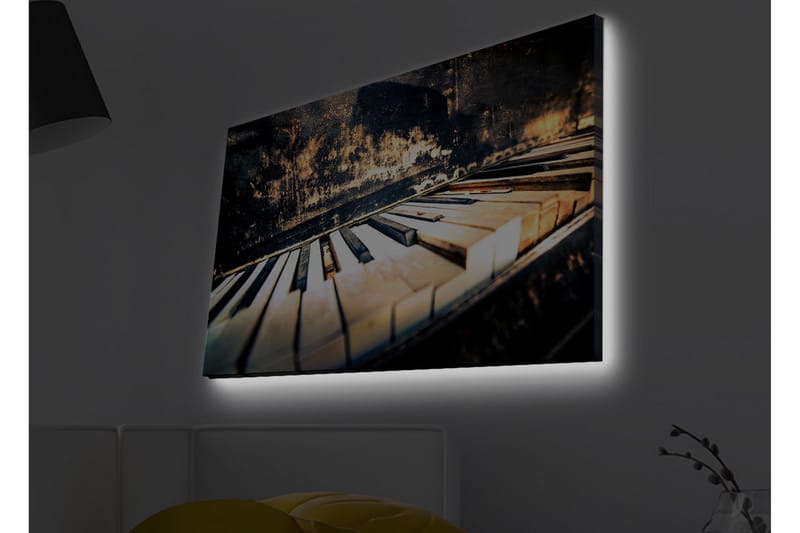 Lerret med LED-belysning - Svart piano med hvite tangenter i en nostalgisk komposisjon, Svart / Hvit / Brun