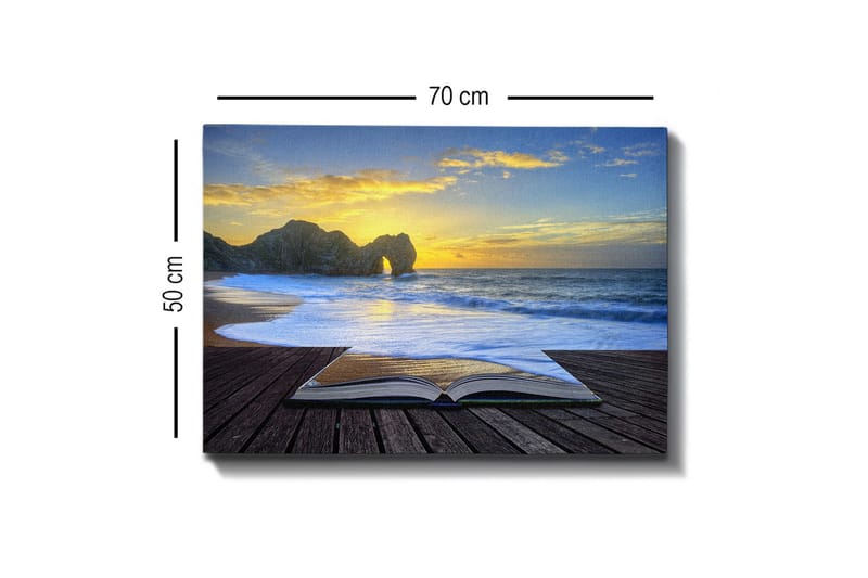 Lerretsbilde - Åpen bok med en strand og solnedgang i bakgrunnen - Blå / Gyllen / Beige - Innredning - Bilder & kunst - Lerretsbilder