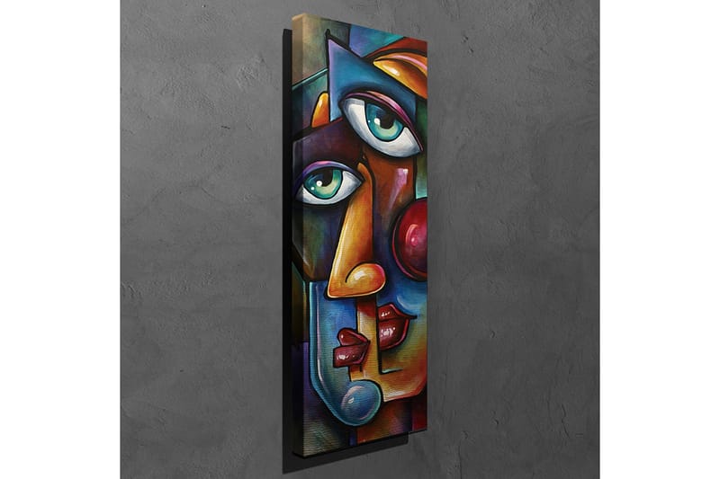 Lerretsbilde 30x80 cm - Abstrakt portrett med to ansikter flettet sammen - Mørk blå / Rød / Beige - Innredning - Bilder & kunst - Lerretsbilder