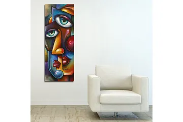 Lerretsbilde 30x80 cm - Abstrakt portrett med to ansikter flettet sammen - Mørk blå / Rød / Beige - Innredning - Bilder & kunst - Lerretsbilder