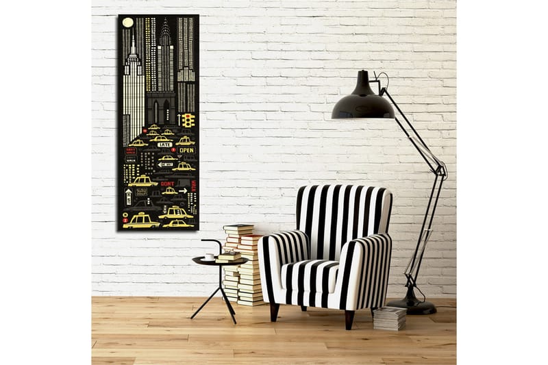 Lerretsbilde 30x80 cm - Bylandskap med gule drosjer og skyskrapere i et nattlig miljø - Svart / Gul / Hvit - Innredning - Bilder & kunst - Lerretsbilder