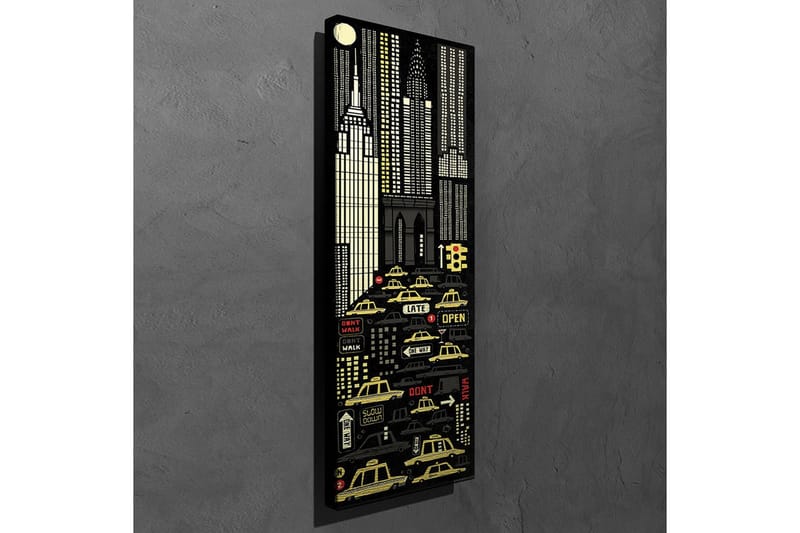 Lerretsbilde 30x80 cm - Bylandskap med gule drosjer og skyskrapere i et nattlig miljø - Svart / Gul / Hvit - Innredning - Bilder & kunst - Lerretsbilder
