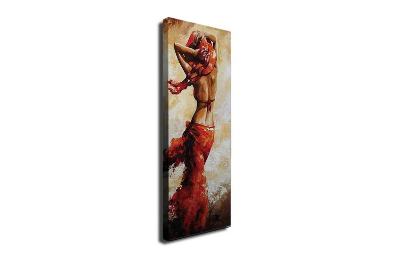 Lerretsbilde 30x80 cm - Dansende kvinne med rød kjole, Rød / Beige / Brun