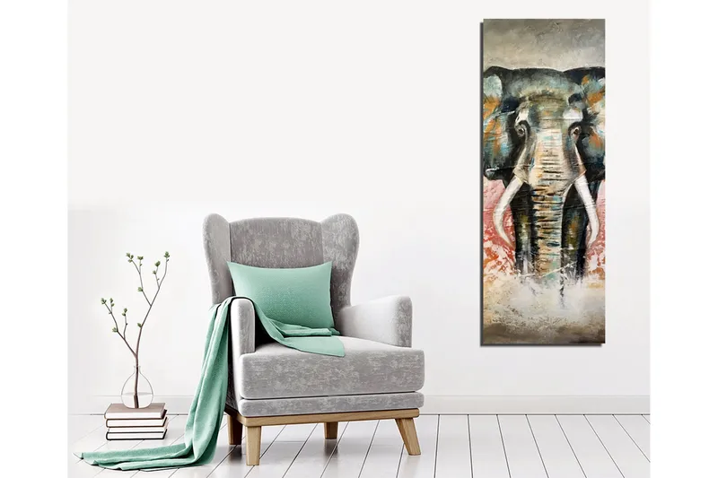 Lerretsbilde 30x80 cm - Elefant med fargerike detaljer i bakgrunnen - Grønn / Oransje / Rød - Innredning - Bilder & kunst - Lerretsbilder
