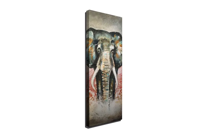 Lerretsbilde 30x80 cm - Elefant med fargerike detaljer i bakgrunnen, Grønn / Oransje / Rød
