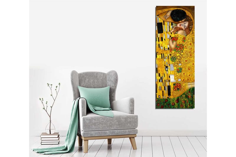 Lerretsbilde 30x80 cm - Følelsesmessig omfavnelse mellom to elskere - Gull / Grønn / Rød - Innredning - Bilder & kunst - Lerretsbilder