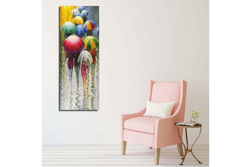 Lerretsbilde 30x80 cm - Fargerike paraplyer i et regnfullt landskap - Rød / Grønn / Blå - Innredning - Bilder & kunst - Lerretsbilder