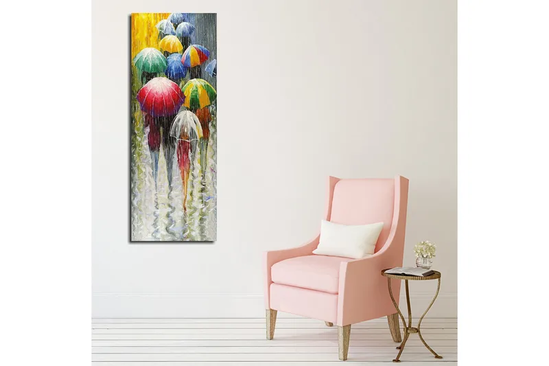 Lerretsbilde 30x80 cm - Fargerike paraplyer i et regnfullt landskap - Rød / Grønn / Blå - Innredning - Bilder & kunst - Lerretsbilder