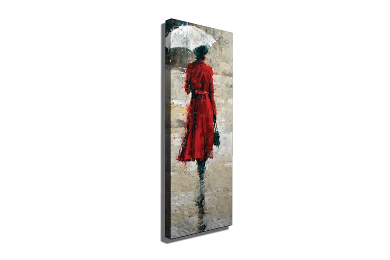 Lerretsbilde 30x80 cm - Kvinne i rød kjole med paraply, Rød / Grå / Svart