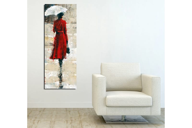 Lerretsbilde 30x80 cm - Kvinne i rød kjole med paraply - Rød / Grå / Svart - Innredning - Bilder & kunst - Lerretsbilder