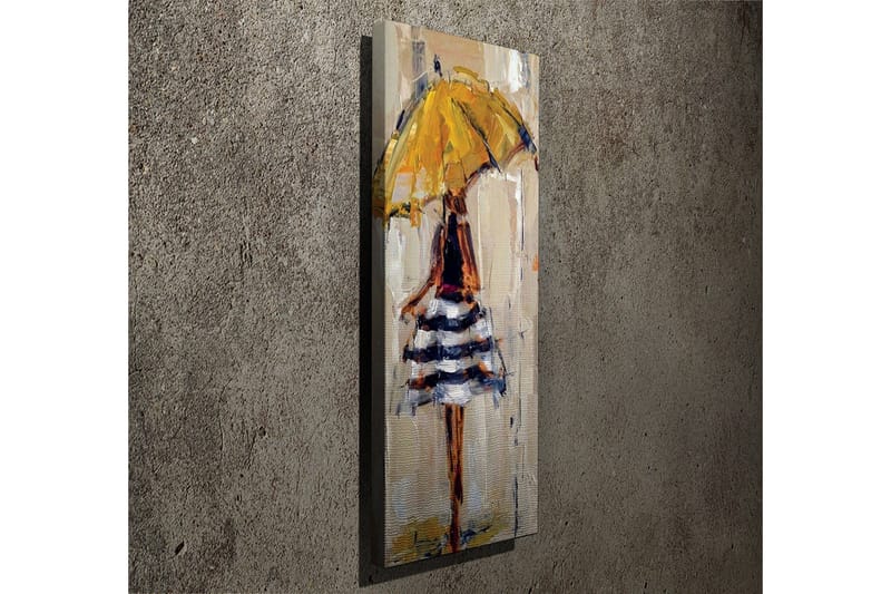 Lerretsbilde 30x80 cm - Kvinne med gul paraply og stripete kjole - Gul / Svart / Hvit - Innredning - Bilder & kunst - Lerretsbilder