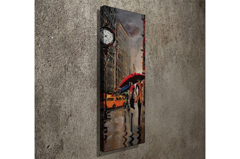 Lerretsbilde 30x80 cm - Livlig byscene med folk som går under paraplyer i regnet - Rød / Gul / Grå - Innredning - Bilder & kunst - Lerretsbilder