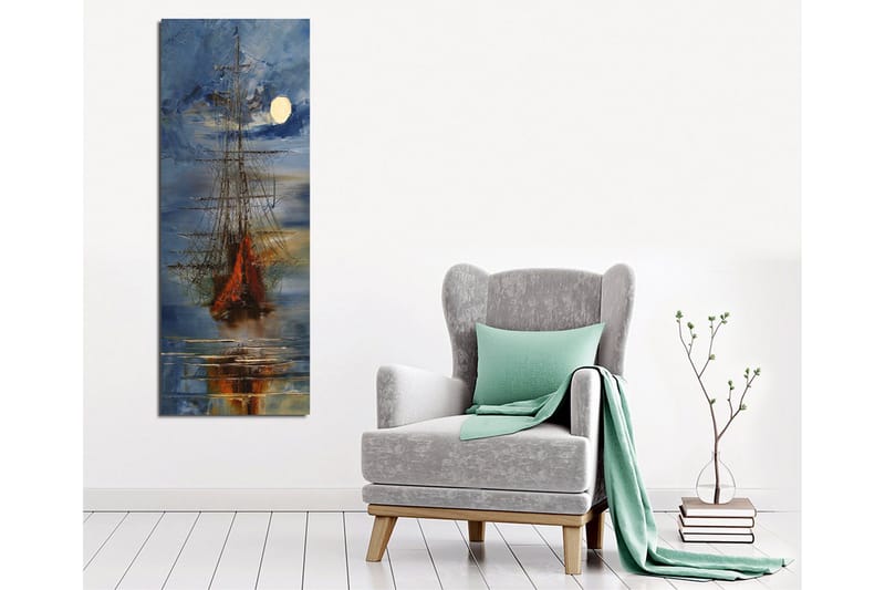 Lerretsbilde 30x80 cm - Seilbåt på en speilblank innsjø under fullmåne - Mørk blå / Oransje / Hvit - Innredning - Bilder & kunst - Lerretsbilder