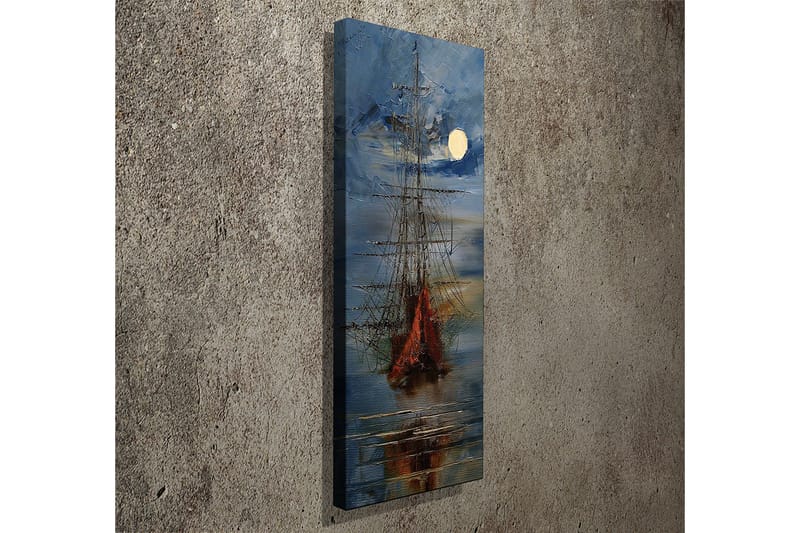 Lerretsbilde 30x80 cm - Seilbåt på en speilblank innsjø under fullmåne - Mørk blå / Oransje / Hvit - Innredning - Bilder & kunst - Lerretsbilder