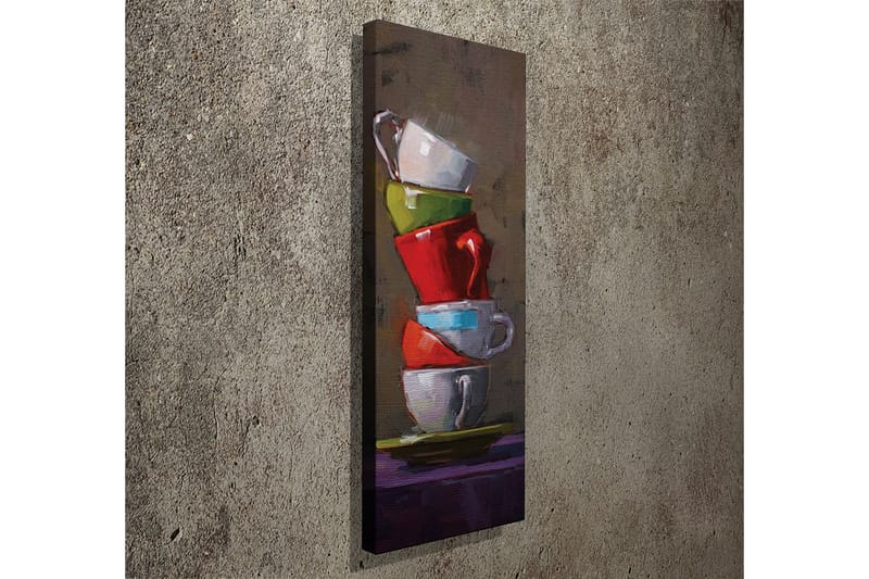 Lerretsbilde 30x80 cm - Stablede kaffekopper i forskjellige farger - Rød / Grønn / Hvit - Innredning - Bilder & kunst - Lerretsbilder