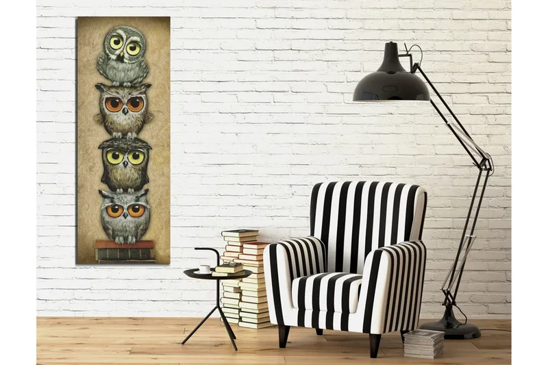 Lerretsbilde 30x80 cm - Stablede ugler med forskjellige uttrykk og farger - Grå / Brun / Gul - Innredning - Bilder & kunst - Lerretsbilder
