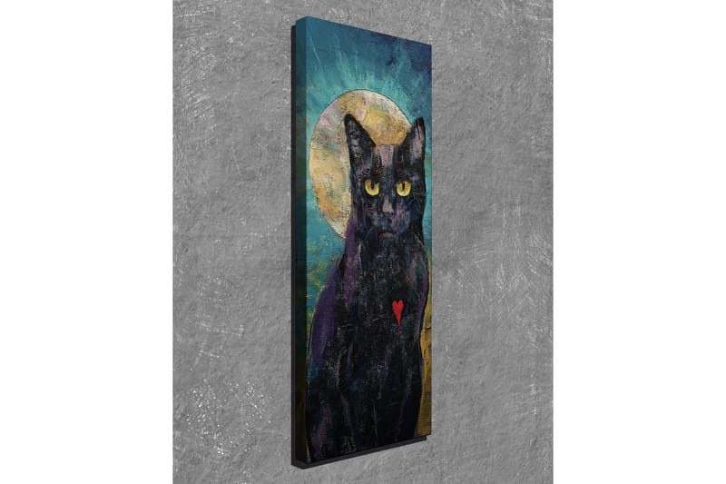 Lerretsbilde 30x80 cm - Svart katt med gult hjerte og en gyllen halvmåne i bakgrunnen - Svart / Gul / Turkis - Innredning - Bilder & kunst - Lerretsbilder