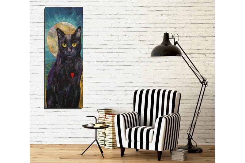 Lerretsbilde 30x80 cm - Svart katt med gult hjerte og en gyllen halvmåne i bakgrunnen - Svart / Gul / Turkis - Innredning - Bilder & kunst - Lerretsbilder