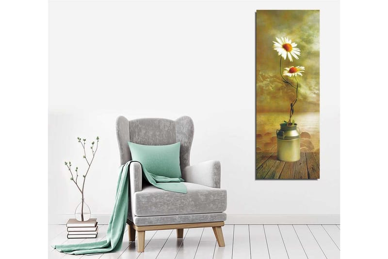Lerretsbilde 30x80 cm - To tusenfryd i en melkekanne - Hvit / Grønn / Beige - Innredning - Bilder & kunst - Lerretsbilder