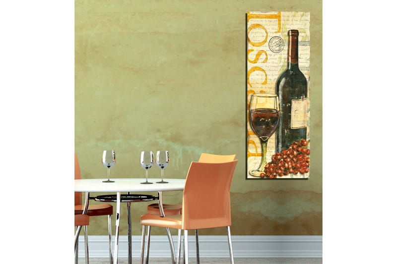 Lerretsbilde 30x80 cm - Vinflaske med glass og druer - Mørk grønn / Rød / Brun - Innredning - Bilder & kunst - Lerretsbilder