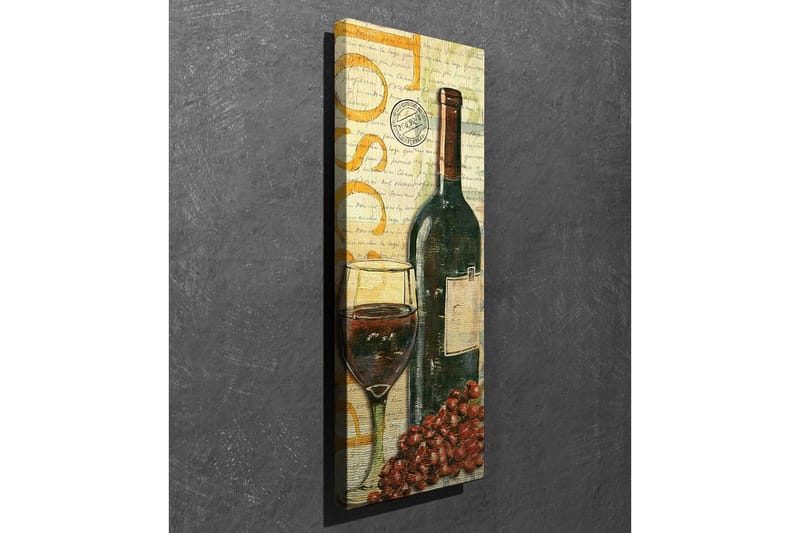 Lerretsbilde 30x80 cm - Vinflaske med glass og druer - Mørk grønn / Rød / Brun - Innredning - Bilder & kunst - Lerretsbilder