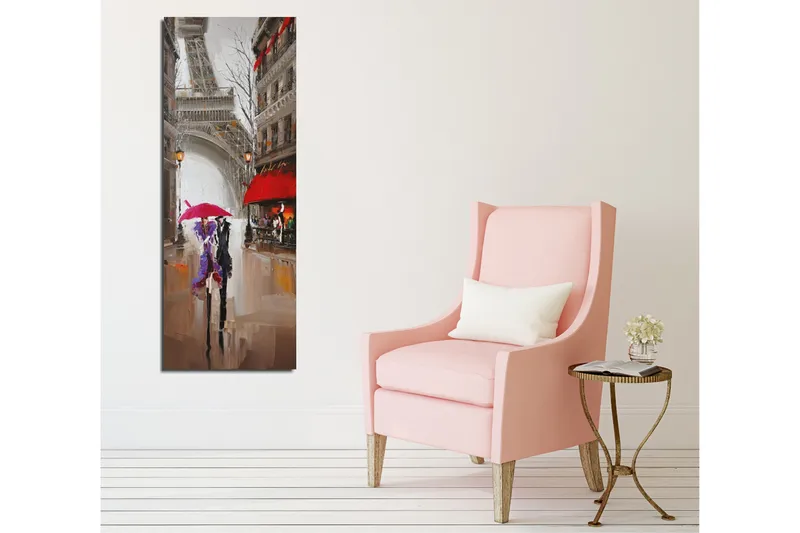 Lerretsbilde 30x80 cm - Paris-biler under regnet med fargerike paraplyer - Rød / Lilla / Grå - Innredning - Bilder & kunst - Lerretsbilder