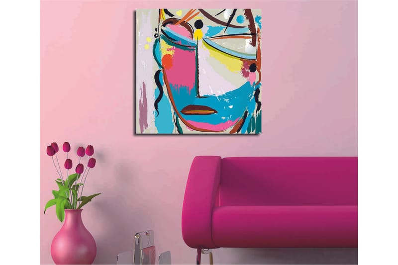 Lerretsbilde 45x45 cm - Abstrakt ansikt med fargerike elementer - Blå / Rosa / Gul - Innredning - Bilder & kunst - Lerretsbilder