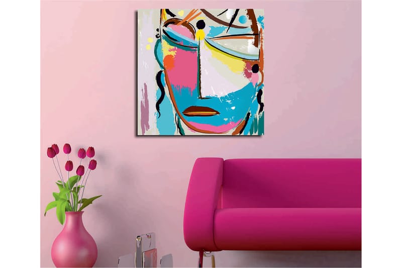 Lerretsbilde 45x45 cm - Abstrakt ansikt med fargerike elementer - Blå / Rosa / Gul - Innredning - Bilder & kunst - Lerretsbilder