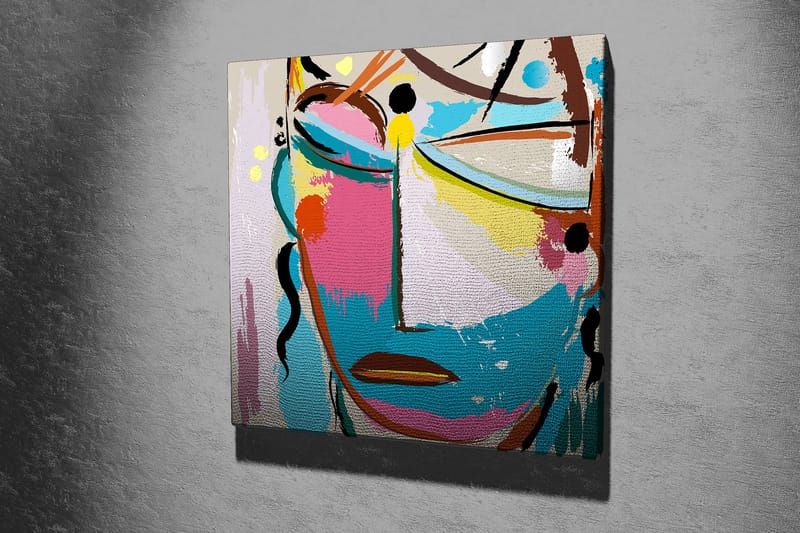 Lerretsbilde 45x45 cm - Abstrakt ansikt med fargerike elementer - Blå / Rosa / Gul - Innredning - Bilder & kunst - Lerretsbilder