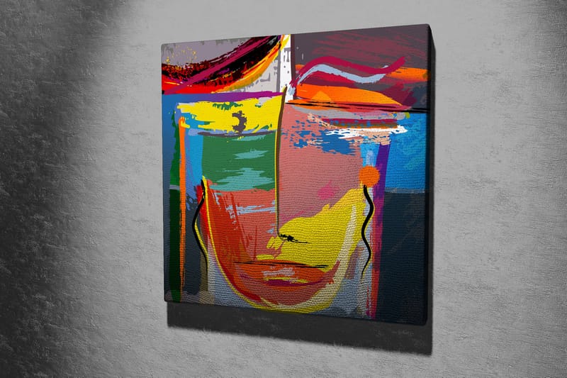 Lerretsbilde 45x45 cm - Abstrakt ansikt med sterke farger og geometriske former - Gul / Grønn / Blå - Innredning - Bilder & kunst - Lerretsbilder