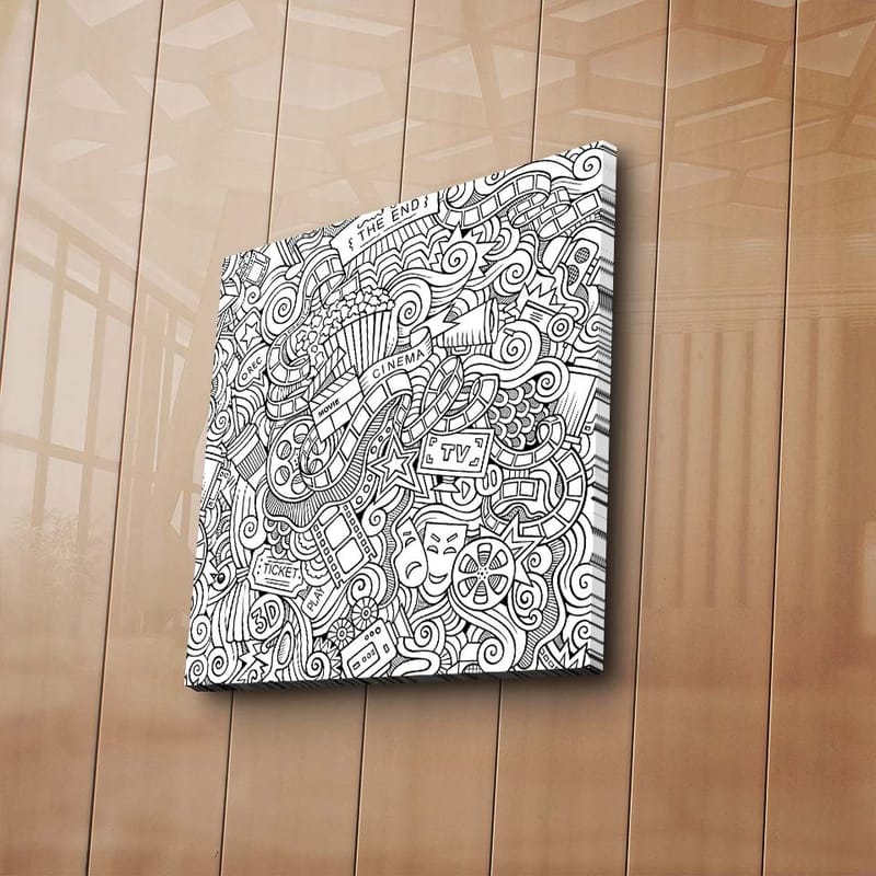 Lerretsbilde 45x45 cm - Abstrakt komposisjon av film- og teaterrelaterte symboler - Svart / Hvit - Innredning - Bilder & kunst - Lerretsbilder