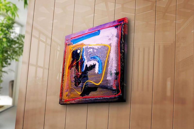 Lerretsbilde 45x45 cm - Abstrakt komposisjon med fargerike linjer og former - Blå / Gul / Rød - Innredning - Bilder & kunst - Lerretsbilder