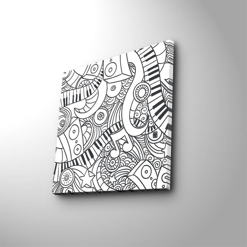 Lerretsbilde 45x45 cm - Abstrakt komposisjon med musikalske elementer og mønstre - Svart / Hvit - Innredning - Bilder & kunst - Lerretsbilder