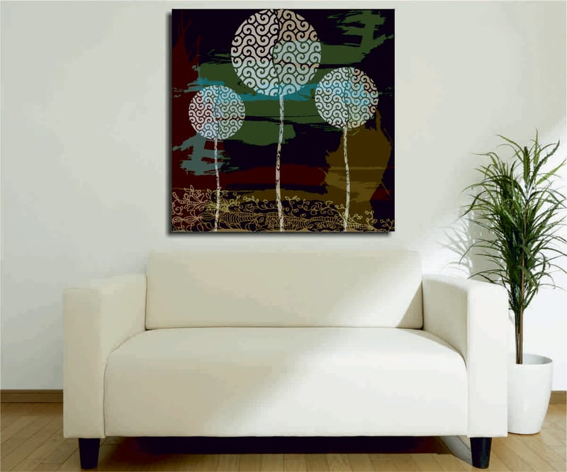 Lerretsbilde 45x45 cm - Abstrakt komposisjon med stiliserte tretopper, Grønn / Svart / Hvit