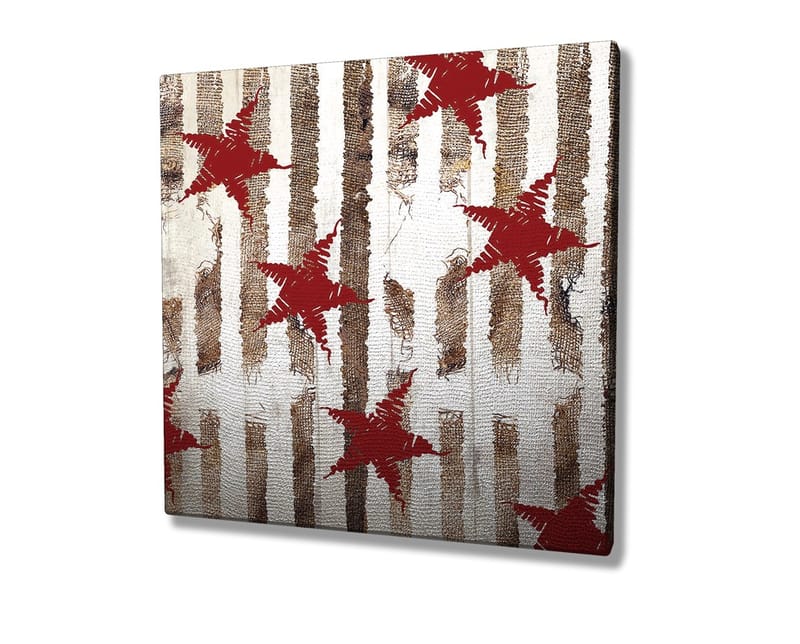 Lerretsbilde 45x45 cm - Abstrakt komposisjon med stjerner og vertikale linjer - Rød / Brun / Hvit - Innredning - Bilder & kunst - Lerretsbilder