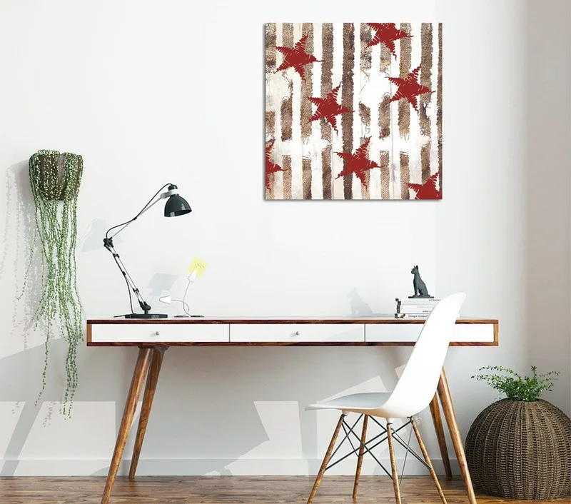 Lerretsbilde 45x45 cm - Abstrakt komposisjon med stjerner og vertikale linjer, Rød / Brun / Hvit