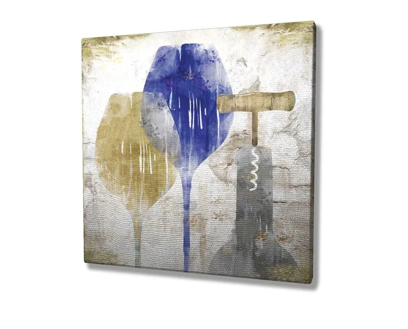 Lerretsbilde 45x45 cm - Abstrakt komposisjon med vinglass og korketrekker - Blå / Gul / Grå - Innredning - Bilder & kunst - Lerretsbilder