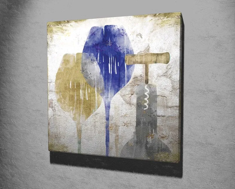 Lerretsbilde 45x45 cm - Abstrakt komposisjon med vinglass og korketrekker - Blå / Gul / Grå - Innredning - Bilder & kunst - Lerretsbilder